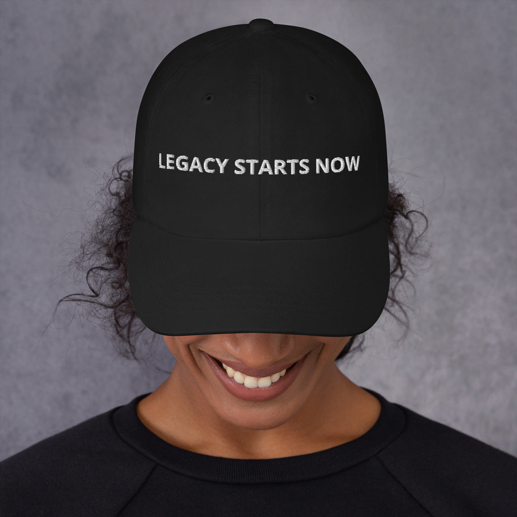 Black Legacy Starts Now dad hat with white Retire Ready Texas embroidery