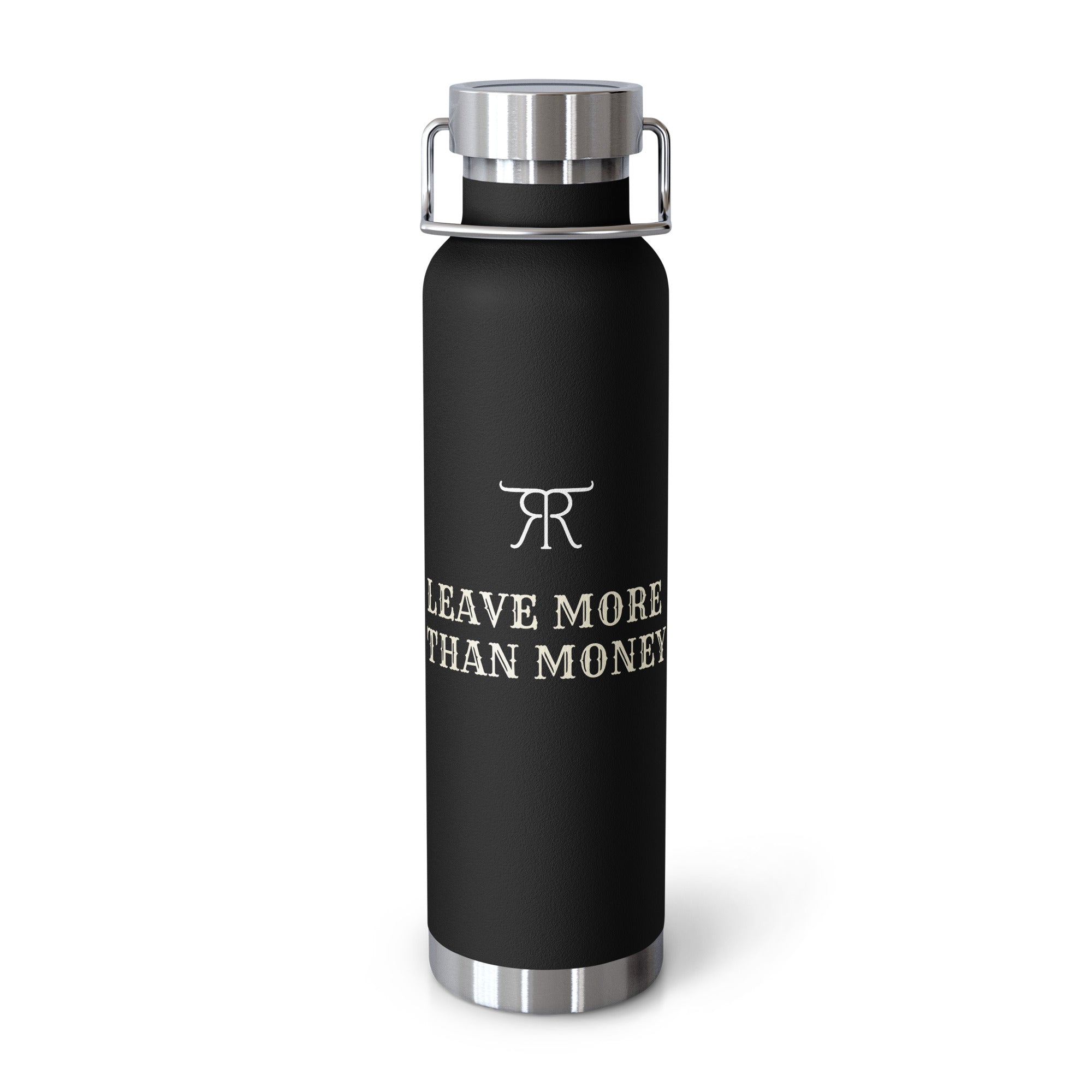 Black 22 oz Leave More Than Money insulated bottle by Retire Ready Texas