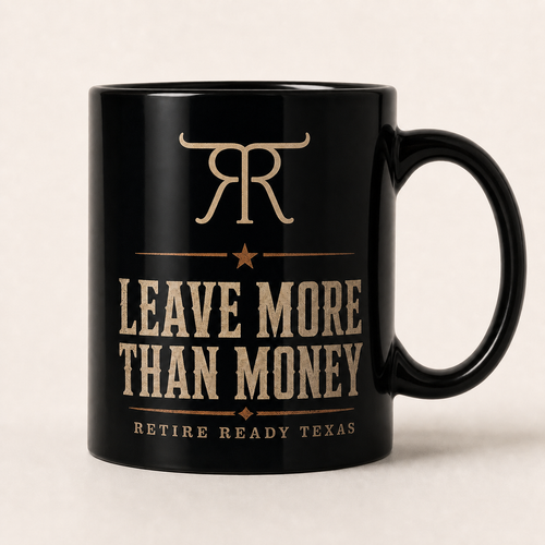 Black Retire Ready Texas mug featuring the official mirrored RR cattle-brand logo and Leave More Than Money design