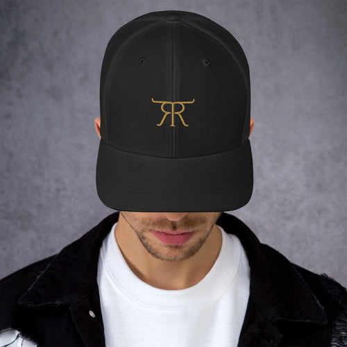 Black Retire Ready Texas trucker hat with copper cattle-brand embroidery shown from the front