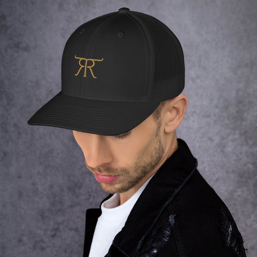 Left-side view of black Retire Ready Texas copper-brand trucker hat