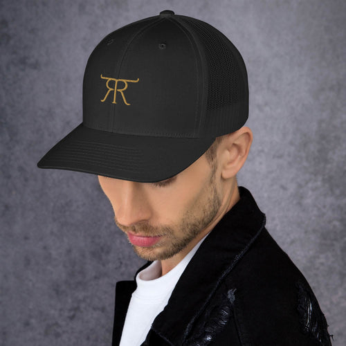 Left-side view of black Retire Ready Texas copper-brand trucker hat