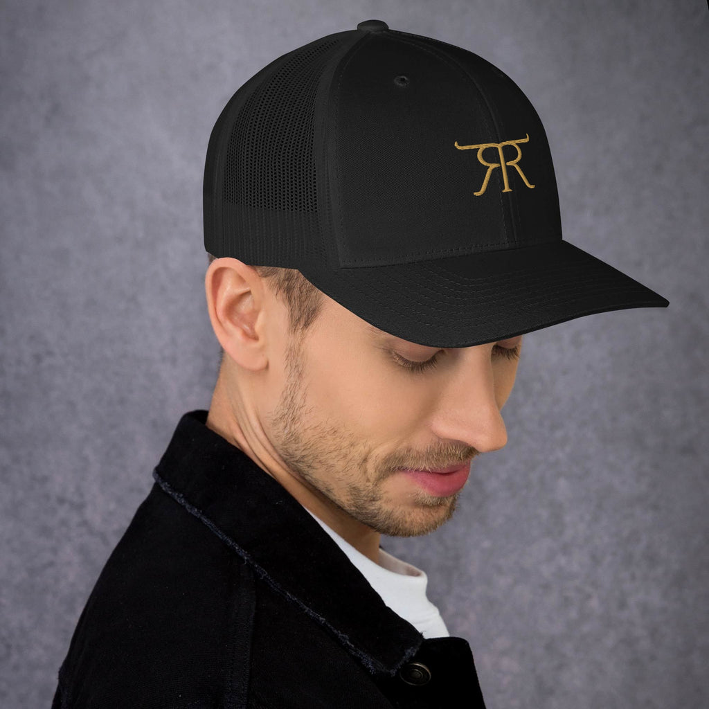 Right-side view of black Retire Ready Texas copper-brand trucker hat