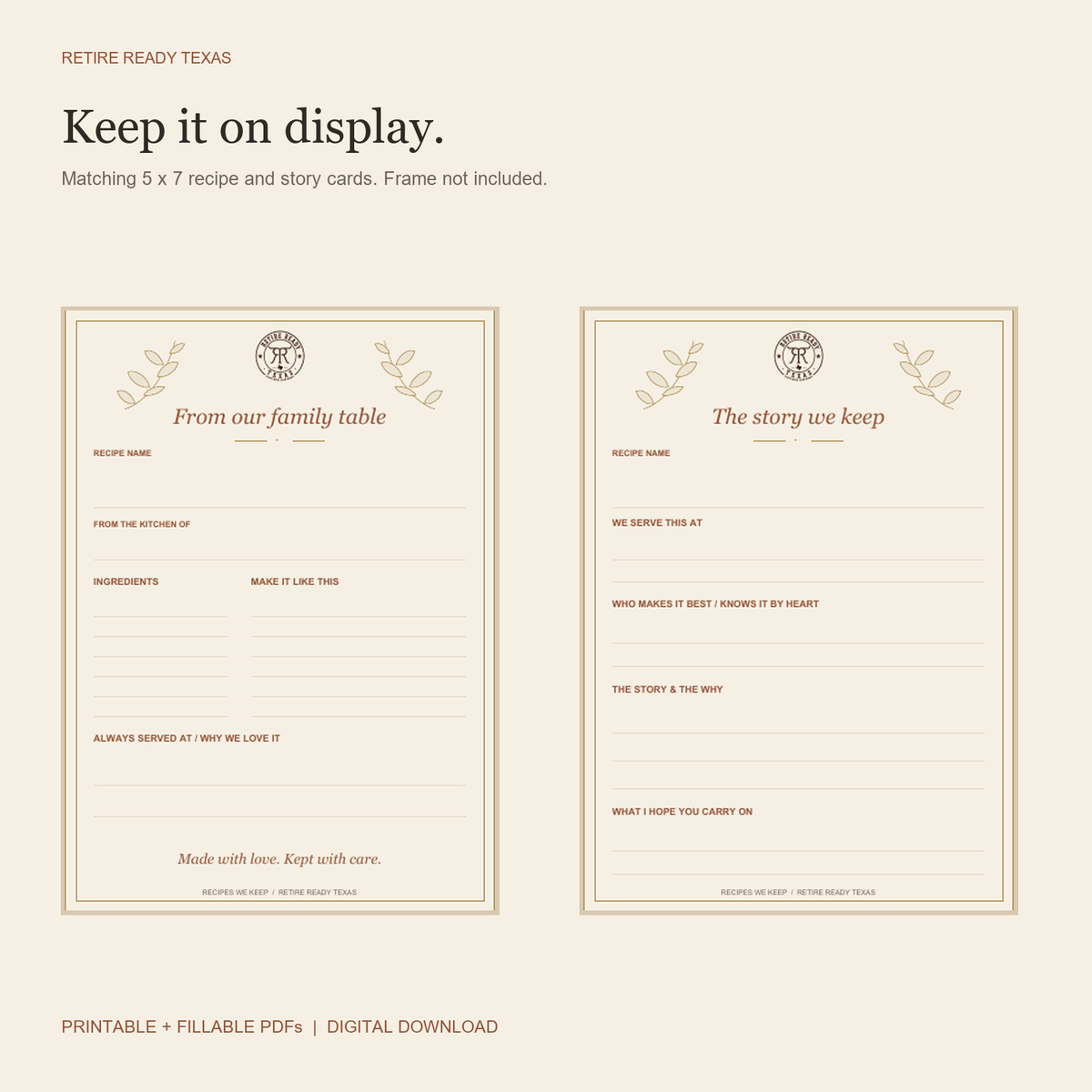 Elegant gold botanical 5 by 7 family recipe and story keepsake cards