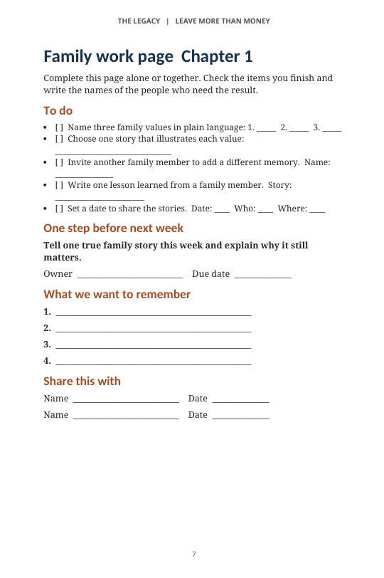 Chapter 1 family work page from the 39-page Season One Family Guide, printed page 7.