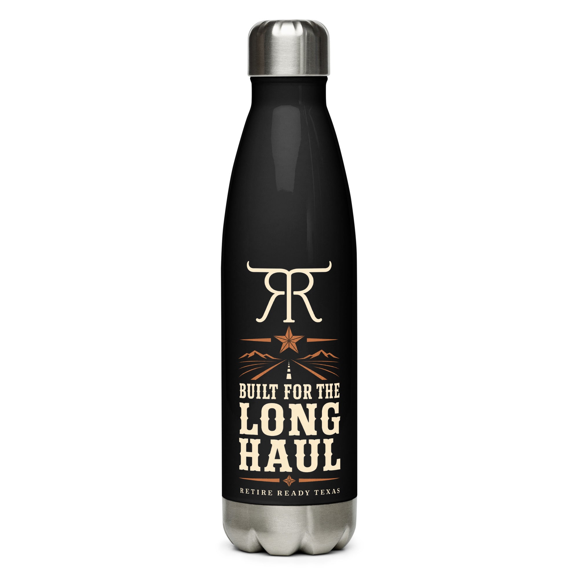 Black 17 oz Built for the Long Haul Retire Ready Texas water bottle