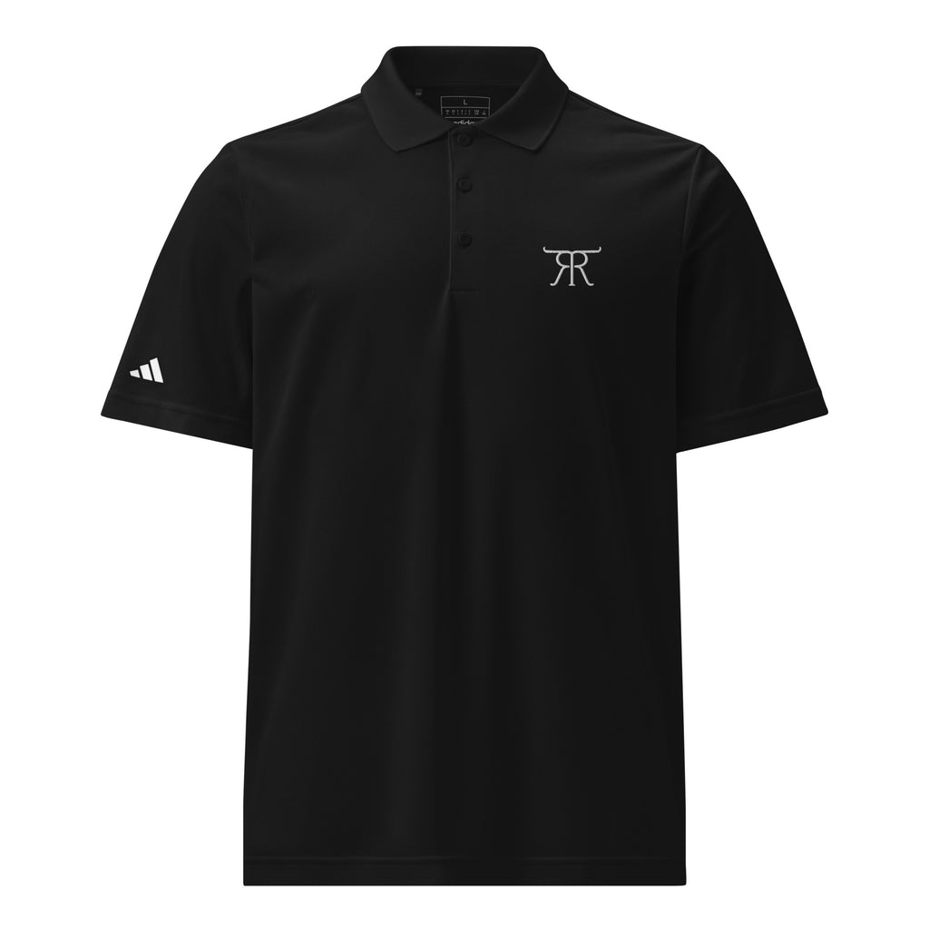 Front of black RRT Executive Range Adidas Golf Polo with embroidered cattle-brand logo