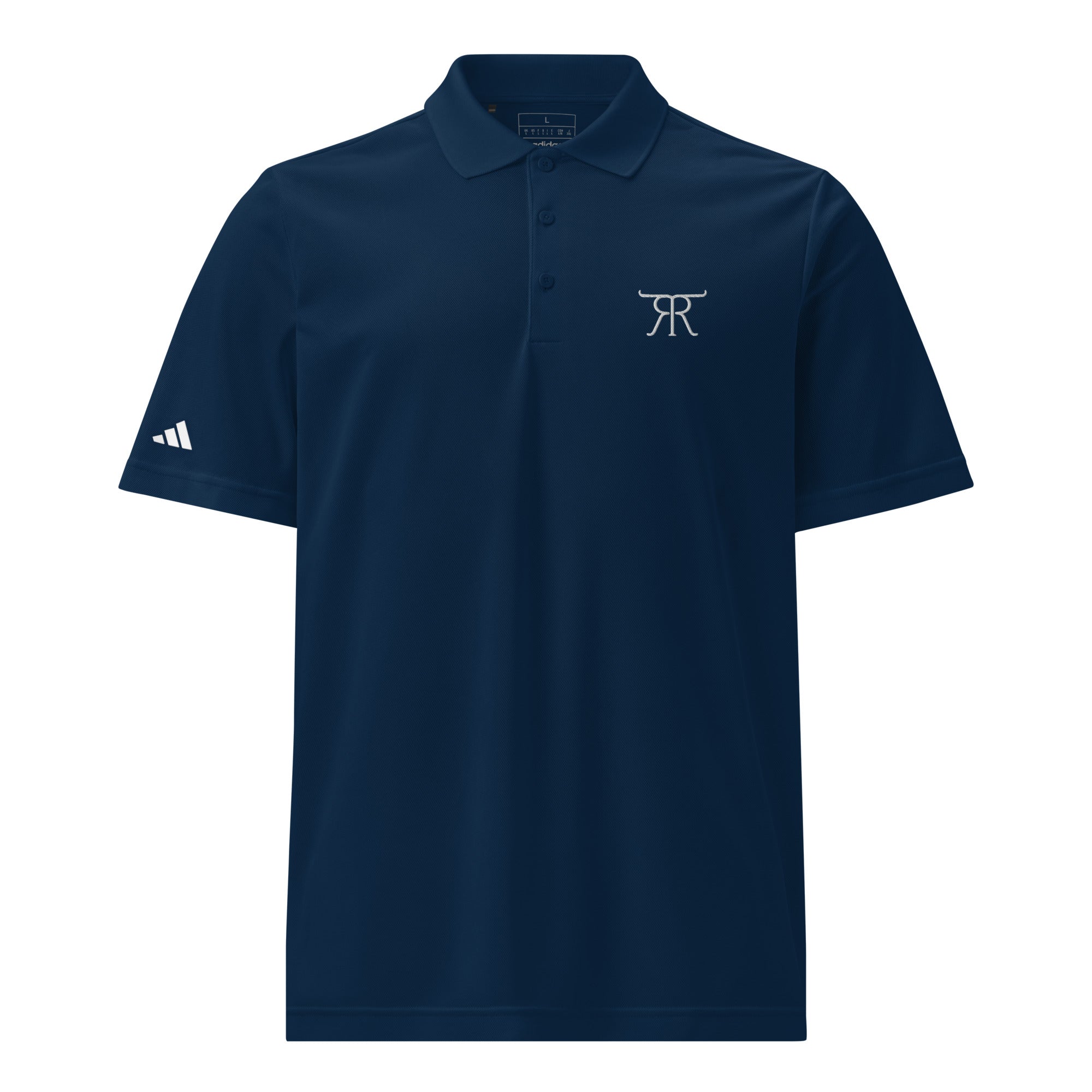 Front of collegiate navy RRT Executive Range Adidas Golf Polo with embroidered cattle-brand logo