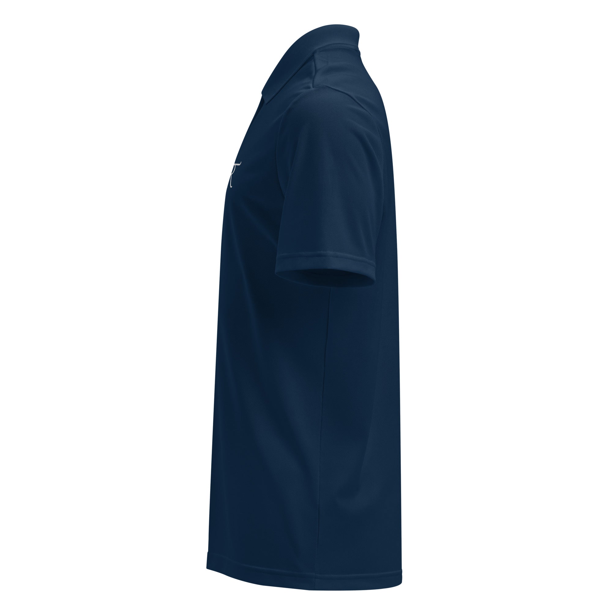 Left-side view of collegiate navy RRT Executive Range Adidas Golf Polo