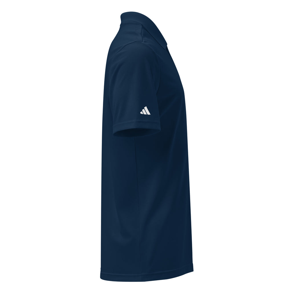 Right-side view of collegiate navy RRT Executive Range Adidas Golf Polo with Adidas sleeve logo