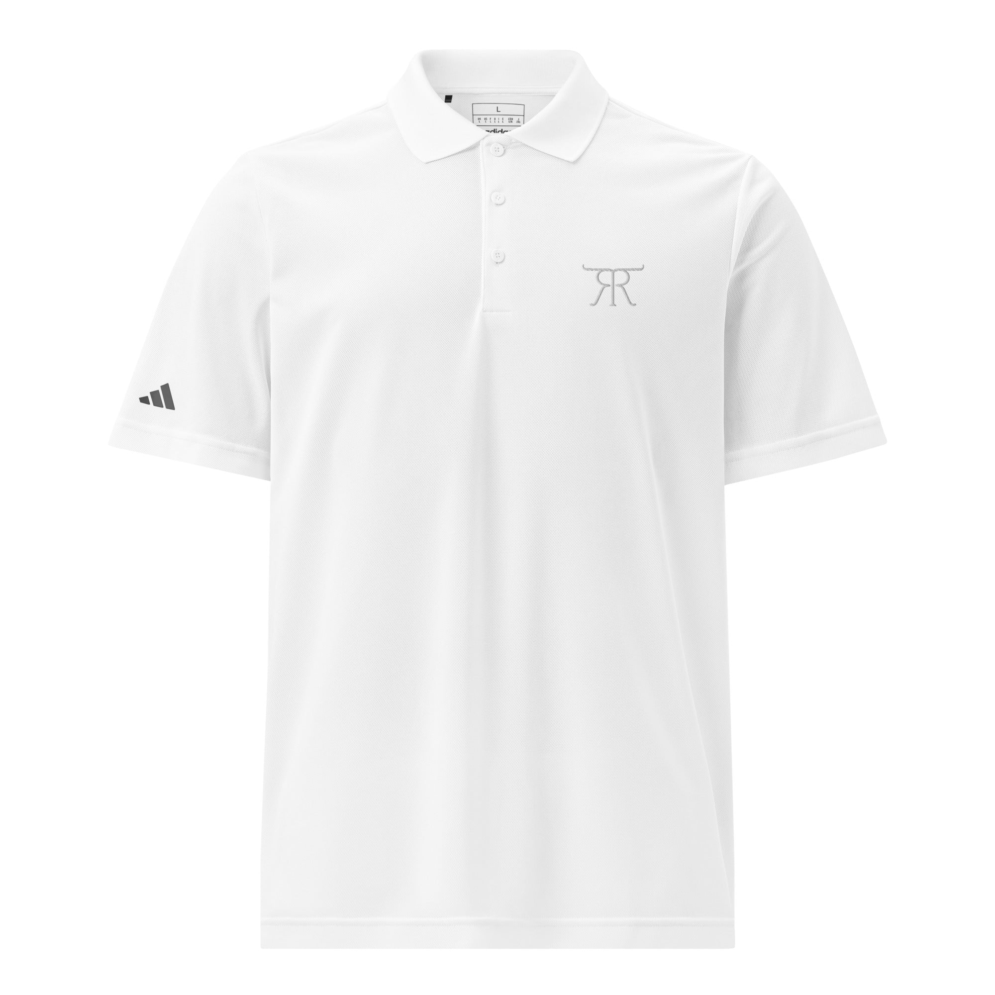 Front of white RRT Executive Range Adidas Golf Polo with embroidered cattle-brand logo