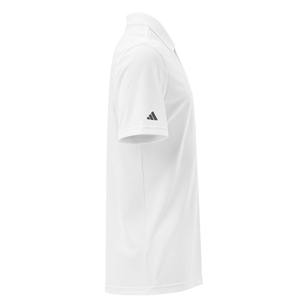 Right-side view of white RRT Executive Range Adidas Golf Polo with Adidas sleeve logo