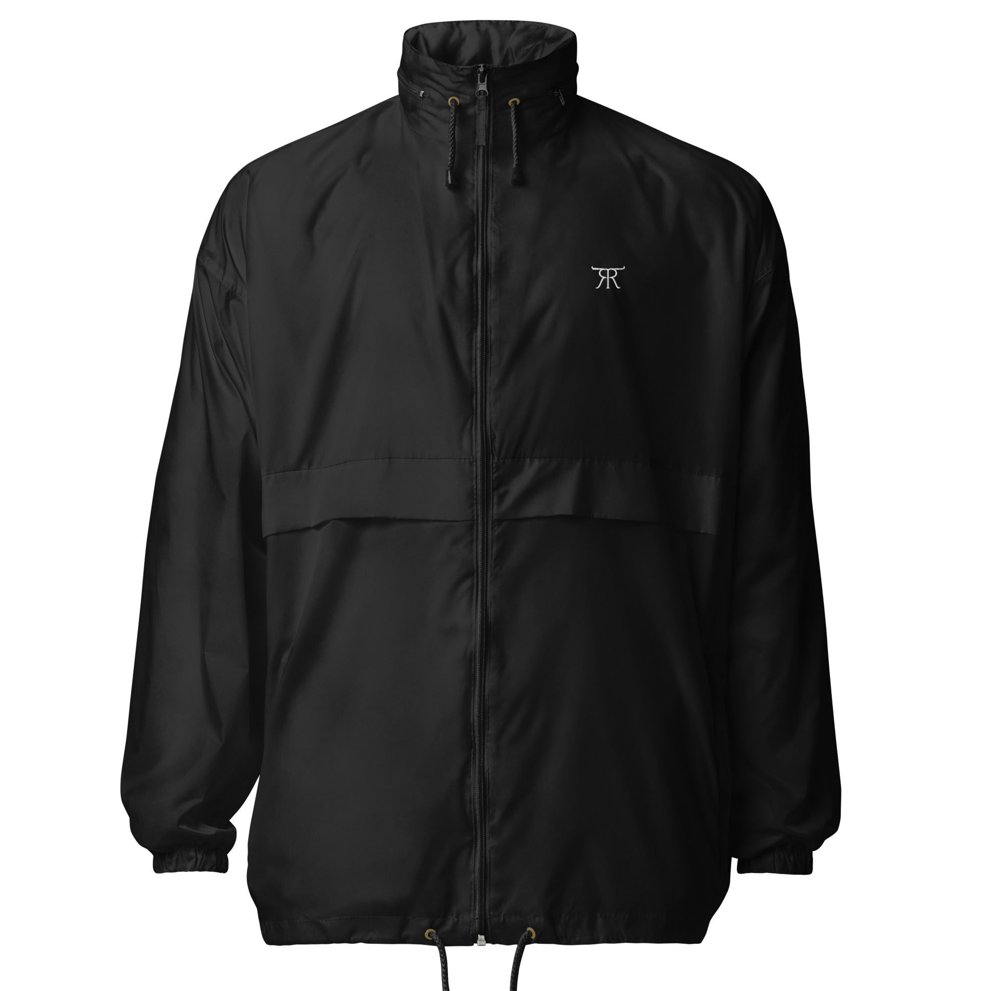 Front of black RRT Fieldline Packable Windbreaker with embroidered cattle-brand chest logo