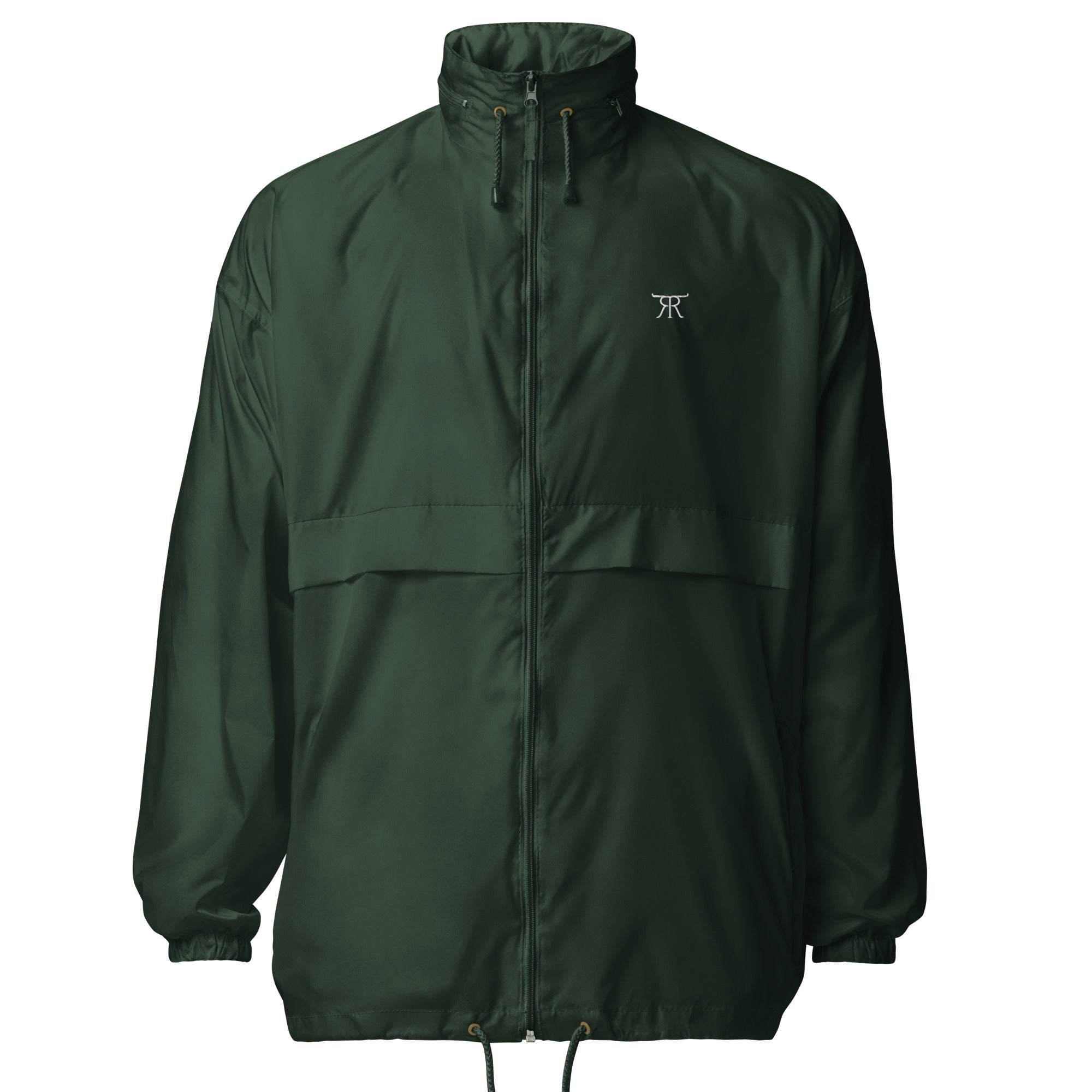 Front of forest green RRT Fieldline Packable Windbreaker with embroidered cattle-brand chest logo