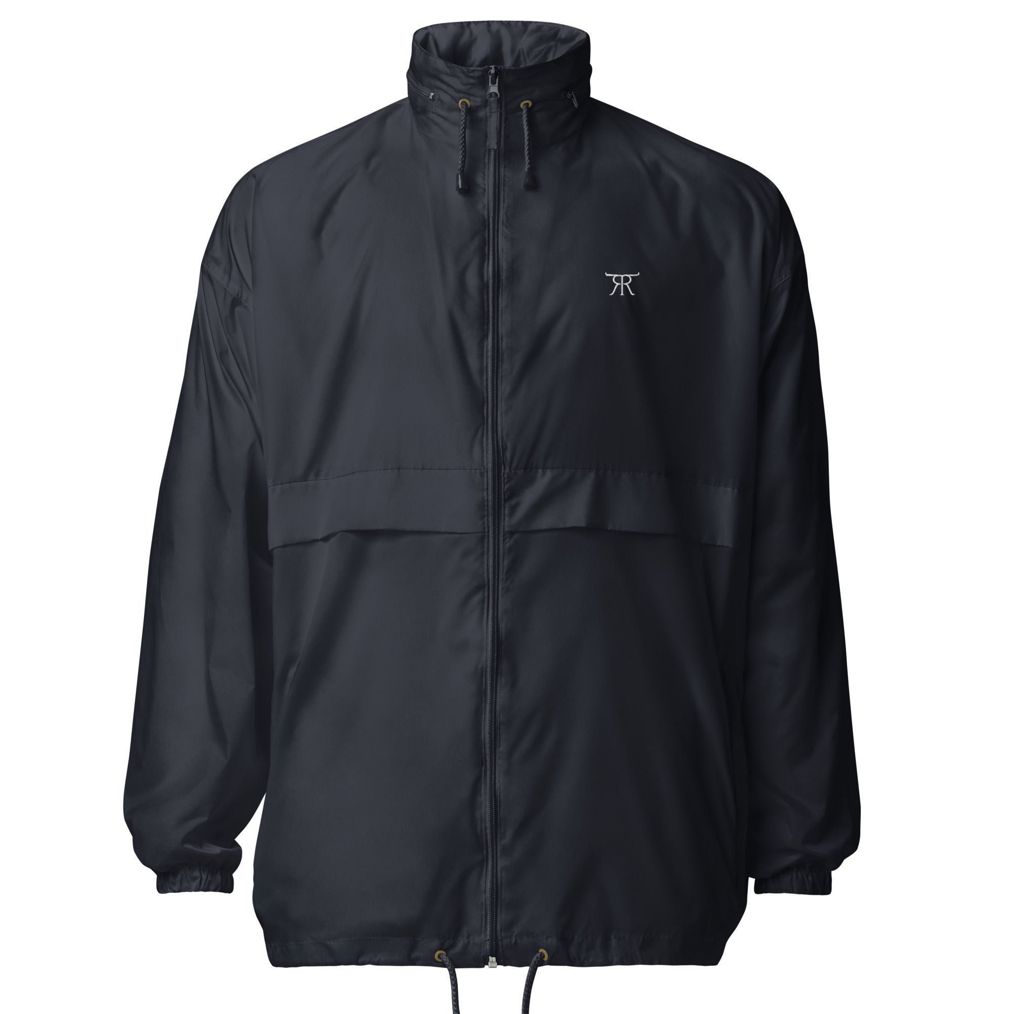 Front of navy RRT Fieldline Packable Windbreaker with embroidered cattle-brand chest logo
