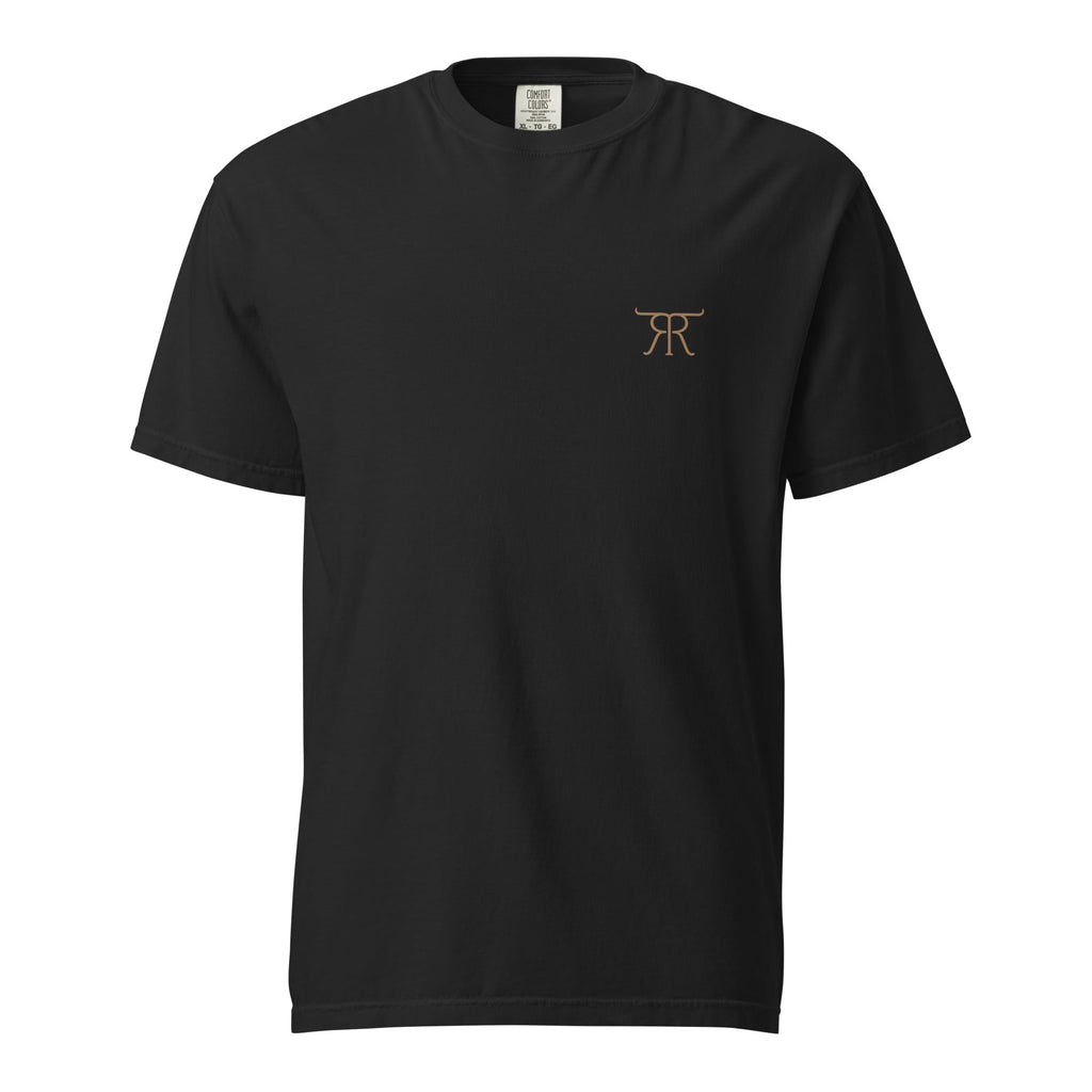 Front of black Retire Ready Texas Legacy Riders Tee with copper cattle-brand chest logo