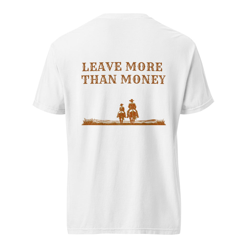 Back of white Retire Ready Texas Legacy Riders Tee with copper Leave More Than Money artwork