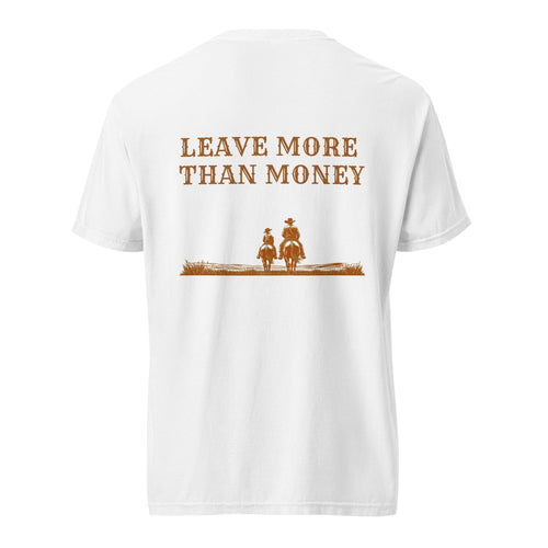 Back of white Retire Ready Texas Legacy Riders Tee with copper Leave More Than Money artwork