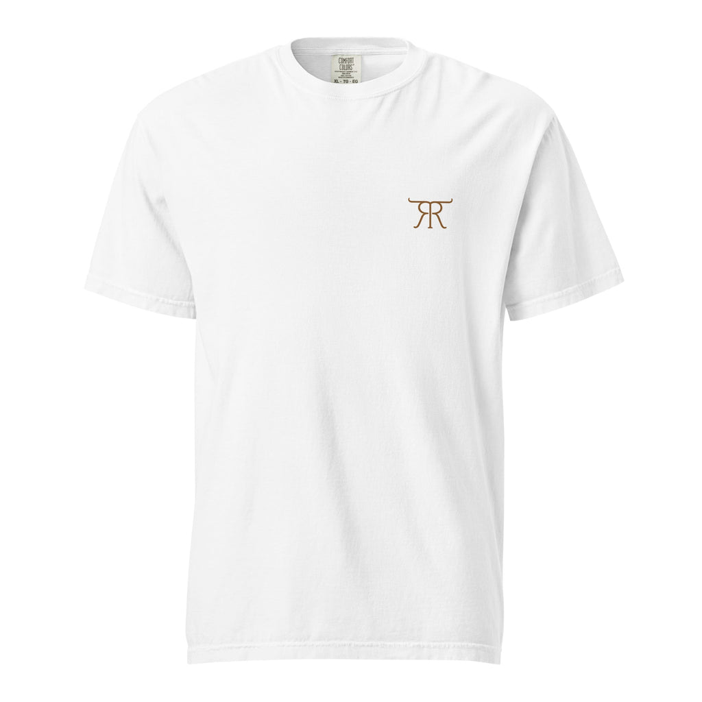 Front of white Retire Ready Texas Legacy Riders Tee with copper cattle-brand chest logo