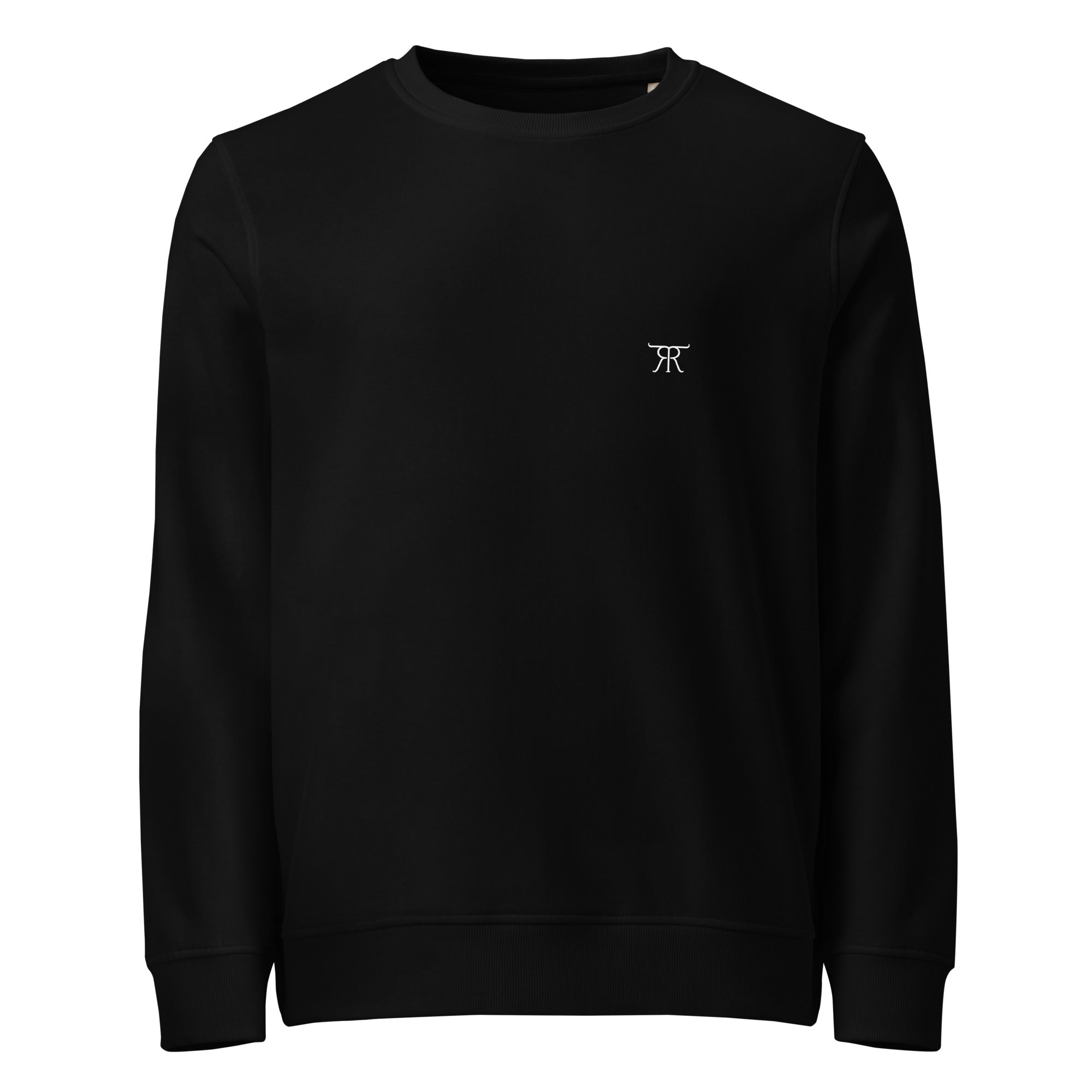 Front of black RRT Ranch Ready organic crewneck with chest cattle-brand mark